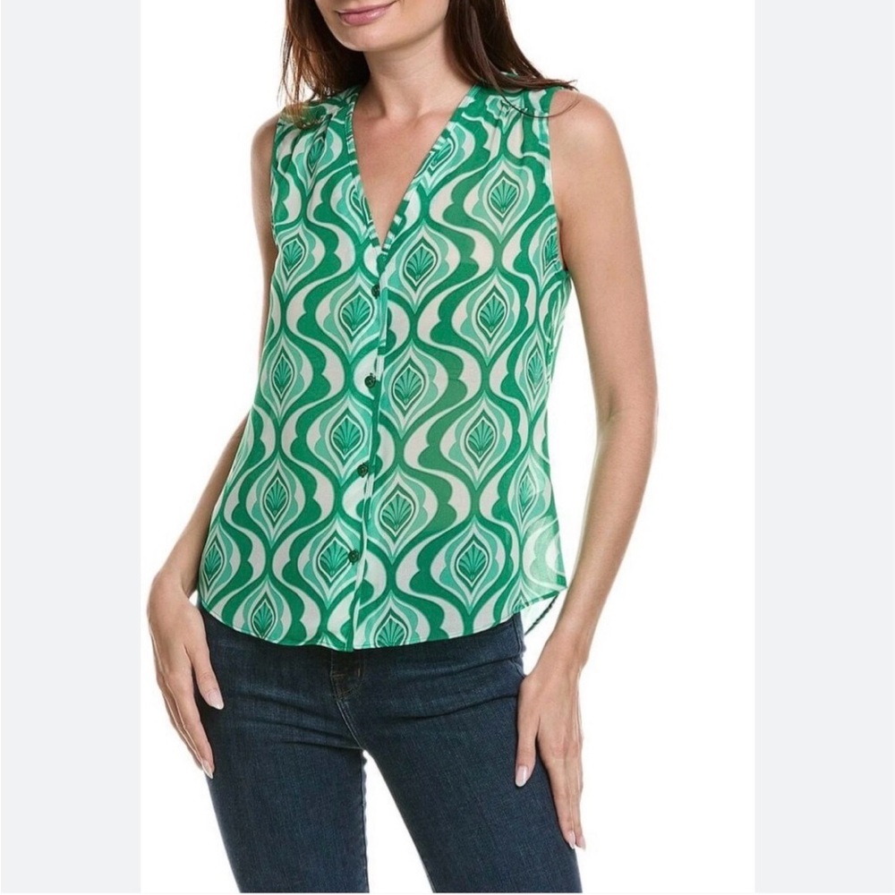 CAbi Green and White Patterned Blouse